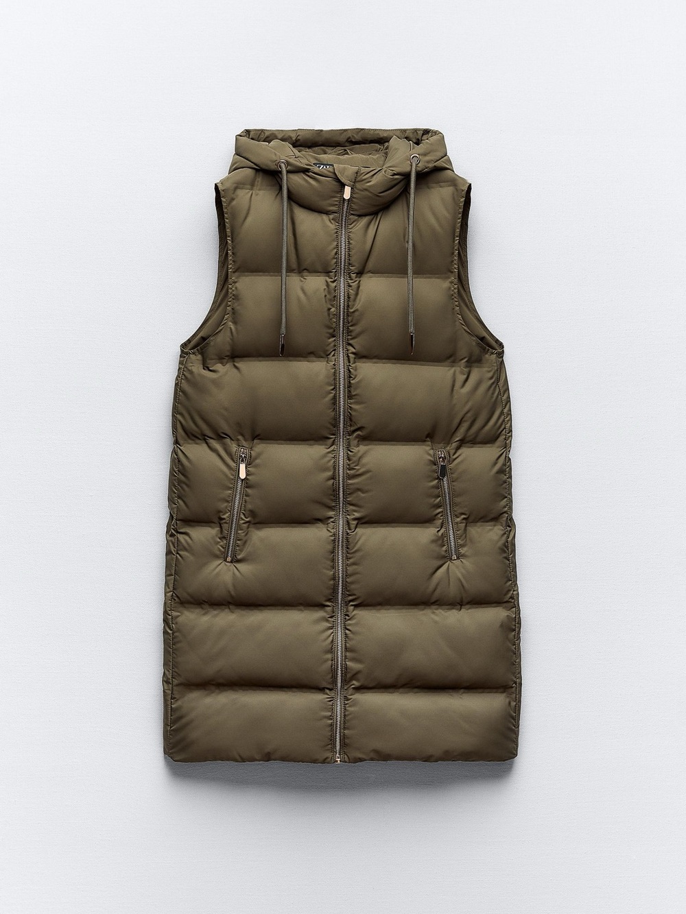 NEW ZARA military green Olive long Hooded Puffer Vest